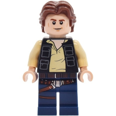 sw1457 Han Solo - Black Vest with Pockets Over Tan Shirt with Dark Bluish Gray Creases, Dark Blue Legs with Belts