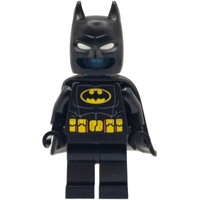 sh1115 Batman Batsuit - Black with Yellow Belt with Medium Nougat Details, Cowl with White Eyes, Flexible Rubber Cape, Trans-Light Blue Head
