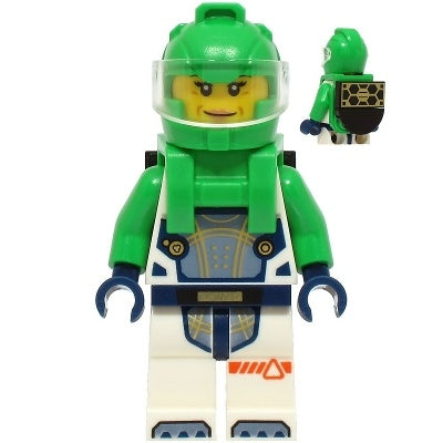 cty1753 Astronaut - Female, White Spacesuit with Bright Green Arms, Bright Green Helmet, Trans-Clear Visor, Bright Green Harness with Solar Panel, Closed Mouth