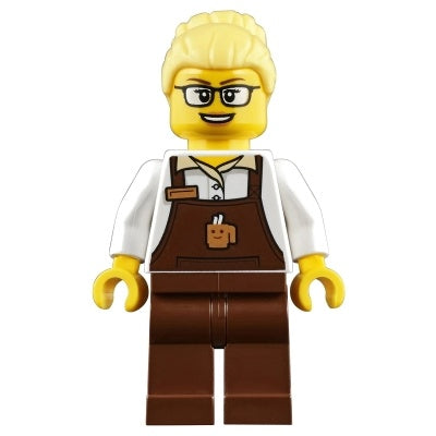 trn249 Barista - Female, Reddish Brown Apron with Cup and Name Tag, Reddish Brown Legs, Bright Light Yellow Hair, Glasses