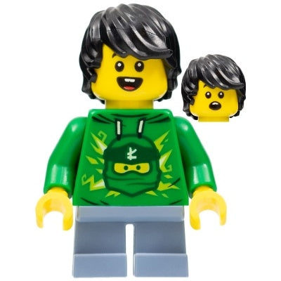 LLP017 Legoland Park Boy with Black Hair, Green Ninjago Hoodie, Sand Blue Short Legs